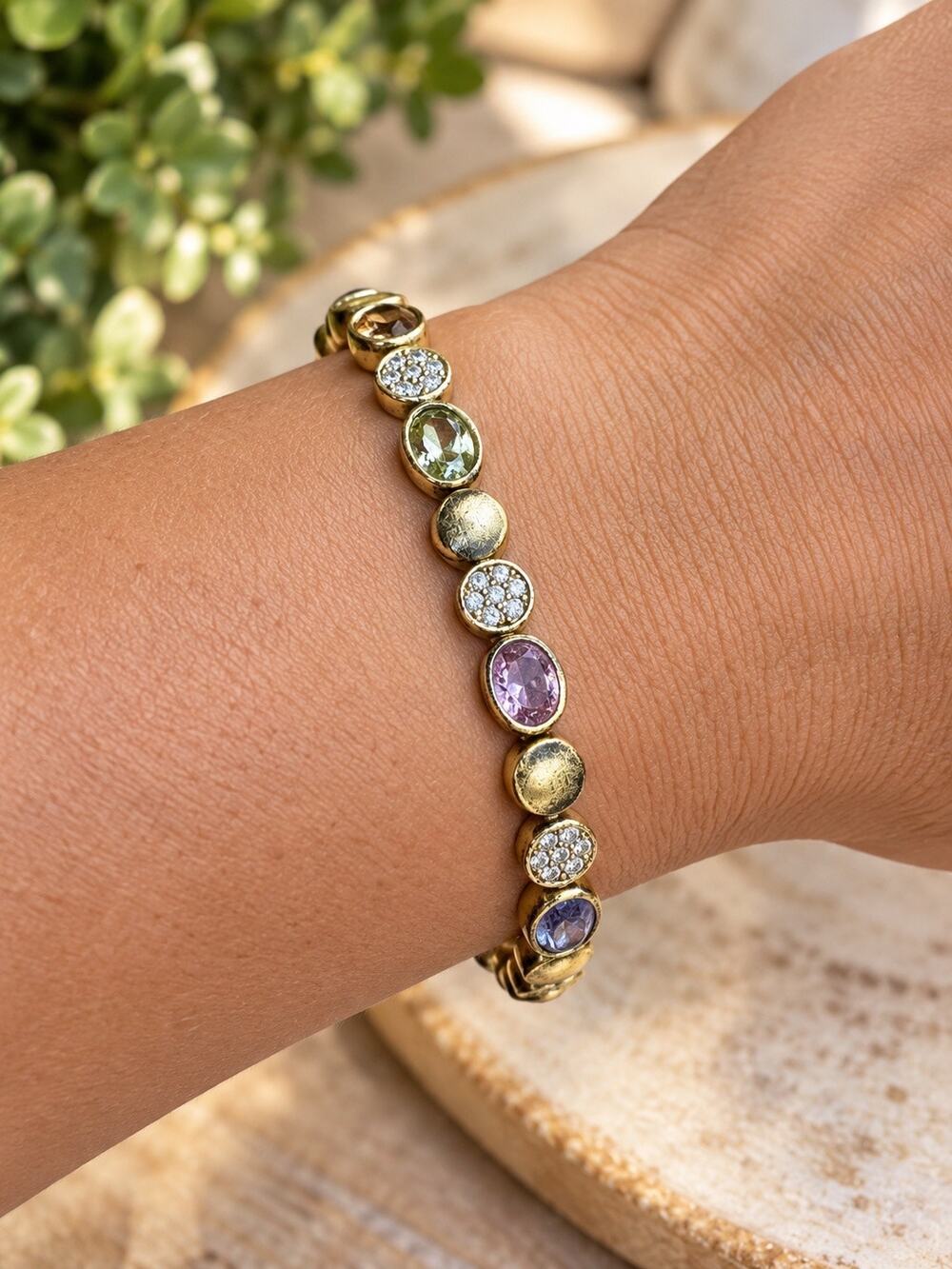 XP Vintage Style Gold Tone Multicolor Rhinestone Crystal Tennis Bracelet